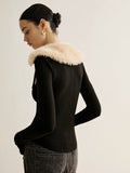 Fashionkova Fuzzy Collar Belt-Design Zipper Blouse