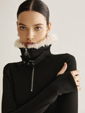 Fashionkova Fuzzy Collar Belt-Design Zipper Blouse