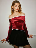 Fashionkova Off-Shoulder Contrast Trim Velvet Blouse