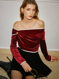 Fashionkova Off-Shoulder Contrast Trim Velvet Blouse