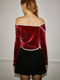 Fashionkova Off-Shoulder Contrast Trim Velvet Blouse