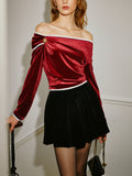 Fashionkova Off-Shoulder Contrast Trim Velvet Blouse