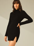 Fashionkova Turtleneck Long Sleeve Mini Dress with Slit and Ribbed Paneling