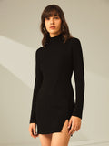 Fashionkova Turtleneck Long Sleeve Mini Dress with Slit and Ribbed Paneling