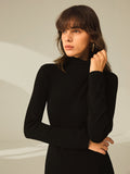 Fashionkova Turtleneck Long Sleeve Mini Dress with Slit and Ribbed Paneling