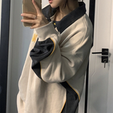 Fashionkova Contrast Color Splice Embroidery Neck Baggy Sweatshirt