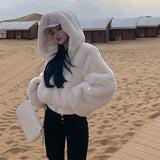 Fashionkova High Quality Furry Cropped Faux Fur Coats and Jackets Women Fluffy Top Coat with Hooded Winter Fur Jacket manteau femme