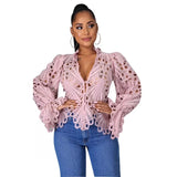 Fashionkova 2023 New Elegant Long Sleeve Hollow Out Mesh Lace Shirt Sheer See Through Top Blouse Clothing Dashiki African Shirts For Women