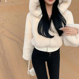 Fashionkova High Quality Furry Cropped Faux Fur Coats and Jackets Women Fluffy Top Coat with Hooded Winter Fur Jacket manteau femme