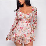 Fashionkova  Summer Women Jumpsuits Long Sleeve Lace Up Ruffles Floral Print Rompers Female Playsuits 2021 Square Collar Outfits