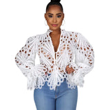 Fashionkova 2023 New Elegant Long Sleeve Hollow Out Mesh Lace Shirt Sheer See Through Top Blouse Clothing Dashiki African Shirts For Women