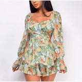 Fashionkova  Summer Women Jumpsuits Long Sleeve Lace Up Ruffles Floral Print Rompers Female Playsuits 2021 Square Collar Outfits