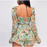 Fashionkova  Summer Women Jumpsuits Long Sleeve Lace Up Ruffles Floral Print Rompers Female Playsuits 2021 Square Collar Outfits