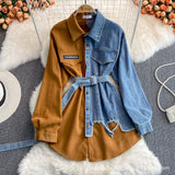 2024 fall fashion trends Denim Stitching Lapel Dress Spring and Autumn New Waist Slimming Irregular Mid-Length Shirt