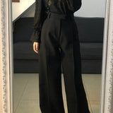 classy outfits men Yujie Style Texture Long-Sleeved Shirt Suit Women's Autumn High Waist Straight Wide-Leg Pants Elegant Black Lantern Sleeve Top