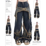 y2k outfits Niche Original Design Stitching Jeans Niche Design Retro Vintage Frayed Star Straight Pants