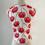 y2k outfits INS Fashion Spicy Girl Cherry Print Vest Careful Machine 2024 Summer Contrast Color round Neck Top Y2k