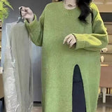 long sweater dress outfit Lazy Style Side Slit Dress Women's  Autumn and Winter Loose round Neck Pullover over the Knee Long Knitted Sweater Dress