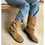 Autumn and Winter New Metal Buckle Long Pile Boots Suede round Toe Mid-Calf Boots Two-Way Boots for Women