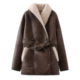 fall outfits Autumn and Winter New American Street Fashion Elegant Contrast Color Design Faux Leather Jacket Warm Lace-up Mid-Length Cotton-Padded Jacket