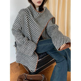 fashion outfits French Striped Irregular Shawl Woolen Coat for Women Autumn and Winter New Fashionable Temperament Loose Slimming Top