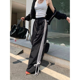 korean fashion Design Bow Side Striped Casual Pants Women's Autumn 2024 New High Waist Loose Slimming Wide Leg Long Pants