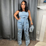 fall outfits aesthetic Popular 2024 Summer New Pocket Ripped Wash Strap Denim Jumpsuit for Women