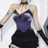 grunge outfits  Summer New Sexy Hot Girl Stitching Top Women's Dark Velvet Lace Camisole