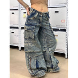 2000s fashion American Street plus Size Multi-Pocket Workwear Jeans Women's American Straight Loose Wide Leg Drop-down Mop Long Pants