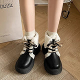 shoes Snow Boots Women's Winter 2024 Preppy Style Leather Shoes Fleece-lined Martin Boots Thick Bottom Warm Big Head Ugly Cute Cotton Shoes