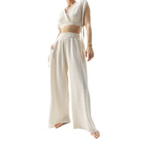 plus size Double-Layer Gauze Trousers High Waist Slimming Cotton Wide Leg Pants Loose Edge Design Casual Mopping Pants Women's Clothing