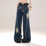  High Waist Ripped Star Patch Jeans Women's Summer Sweet Cool Hot Girl Slimming Straight Wide Leg Trousers