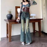 y2k American Retro Distressed Jeans Women's Stitching Slim-Fit Slimming Flared Pants Autumn Hot Girl High Waist Wide-Leg Long Pants