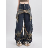 y2k outfits Niche Original Design Stitching Jeans Niche Design Retro Vintage Frayed Star Straight Pants