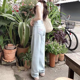 outfit ideas for school Bowknot Party Ballet Style Embroidered Light Blue Denim Wide Leg Pants