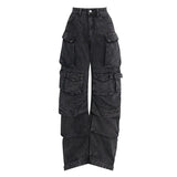 90s streetwear Street Hipster New Fashion Smoky Gray Stitching Multi-Pocket Overalls Street Washed Distressed Long Wide-Leg Pants