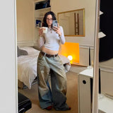 Fashionkova 90s streetwear New Retro Dirty Dyed Blue Wide Leg Straight Pants Faded Distressed Casual Mopping Low Waist Jeans for Women