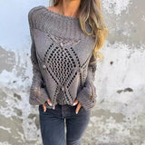 long sweater dress outfit 2024 Women's Casual Loose Hollow Sweater round Neck Knitted Top