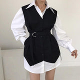 social worker outfits Chic Autumn Retro Western Style Lapel Contrast Color Stitching Fake Two-Piece Design Sense Long Sleeve Shirt Style Dress