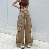 concert outfit Ribbon Overalls Men's Summer New Loose Personalized Straight Pants Neutral Multi-Pocket Casual Trousers