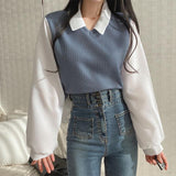 social worker outfits Fake Two-Piece Casual Long-Sleeved T-shirt for Women New Korean Style Loose Contrast Color Style