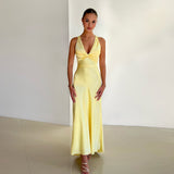 yellow dress Summer 2024 New Sexy V-neck Style Backless Sheath Solid Color Dress Fashion All-Matching