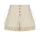  Street Style Waist Lace-up Ruffled Flower Bud Shorts Hot Girl Fashion Single-Breasted Stitching Slimming Casual Pants