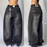 Fashionkova back to school fits Black Gray Denim Wide Leg Pants Jazz Dance Dancing Pants American High Waist Retro Distressed Ins Niche Design Sense