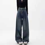 Fashionkova 90s streetwear American Retro Washed High Waist Loose Wide Leg Jeans Women's Autumn and Winter New Pleated Slimming Mop Pants Ins