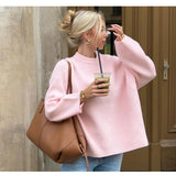 outfit ideas Wind Winter New Pure Color Sweet round Neck Pullover Sweater