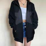 grunge dti Street Style Fashion Five-Pointed Star Patch Zipper Large Pocket Hooded Loose Sweater Autumn and Winter Casual Coat