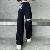 tomboy fits Hollow-out Wide-Leg Pants Casual Pants for Women Summer New Retro Handsome Design Pants Loose High Waist Straight High Street Fashion