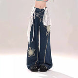  High Waist Ripped Star Patch Jeans Women's Summer Sweet Cool Hot Girl Slimming Straight Wide Leg Trousers