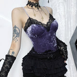 grunge outfits  Summer New Sexy Hot Girl Stitching Top Women's Dark Velvet Lace Camisole